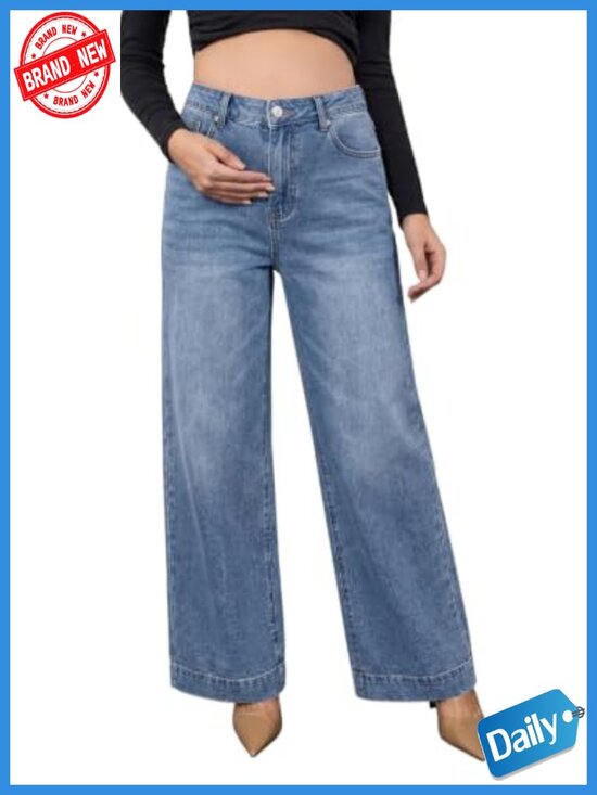 Denim - Maternity Wide Leg Jeans High Rise Elastic Side Panels Stretch Denim Work Casual
